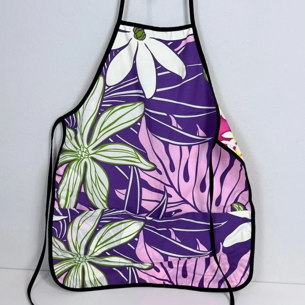 Aloha Hawaiian Floral Reversible Full Apron with Pockets Pink Purple OS